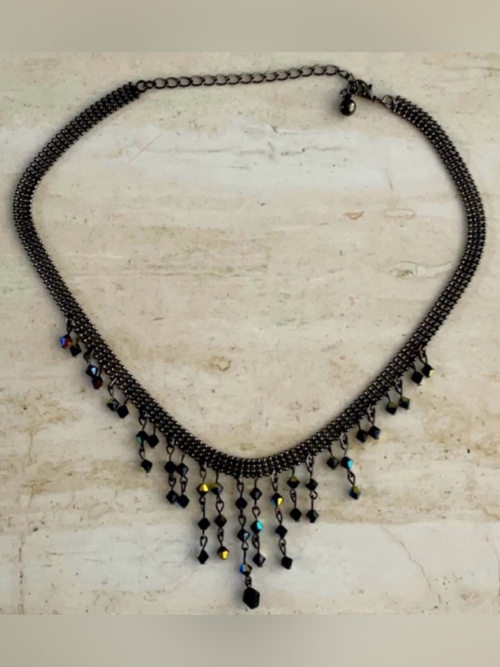 Vintage Iridescent Beaded Choker Necklace Black Gold Fringe Dangle Beads